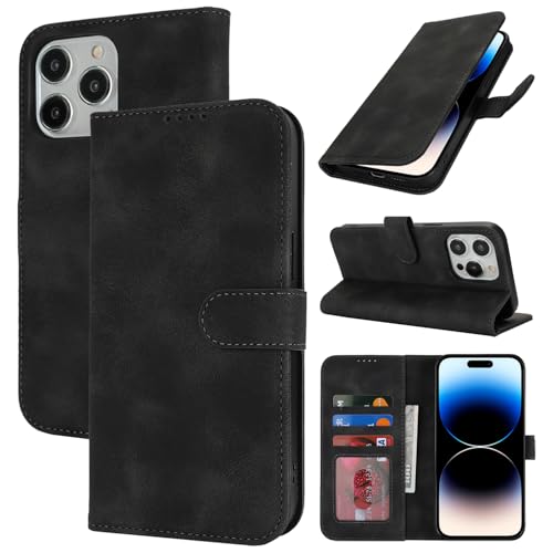 Zouzt Hülle für iPhone 14 Pro 6,1-Zoll, Stoßfestes PU Leder Handyhülle Lederhülle Klapphülle mit Kartenhalter und Standfunktion Flip Leather Wallet Phone Cover (Vintage Schwarz) von Zouzt