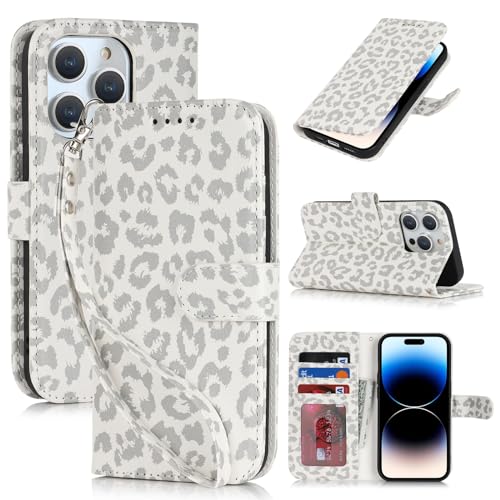 Zouzt Hülle für iPhone 14 Pro 6,1-Zoll, Stoßfestes PU Leder Handyhülle Lederhülle Klapphülle mit Kartenhalter und Standfunktion Flip Leather Wallet Phone Cover (Weißer Leopard) von Zouzt