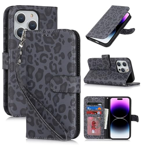 Zouzt Hülle für iPhone 14 Pro Max 6,7-Zoll, Stoßfestes PU Leder Handyhülle Lederhülle Klapphülle mit Kartenhalter und Standfunktion Flip Leather Wallet Phone Cover (Schwarzer Leopard) von Zouzt