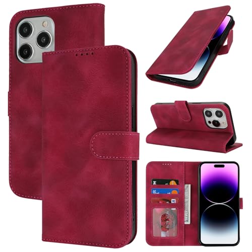 Zouzt Hülle für iPhone 14 Pro Max 6,7-Zoll, Stoßfestes PU Leder Handyhülle Lederhülle Klapphülle mit Kartenhalter und Standfunktion Flip Leather Wallet Phone Cover (Vintage Grape Red) von Zouzt