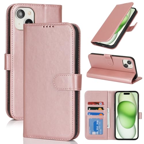 Zouzt Hülle für iPhone 15 6,1-Zoll, Stoßfestes PU Leder Handyhülle Lederhülle Klapphülle mit Kartenhalter und Standfunktion Flip Leather Wallet Phone Cover (Roségold) von Zouzt
