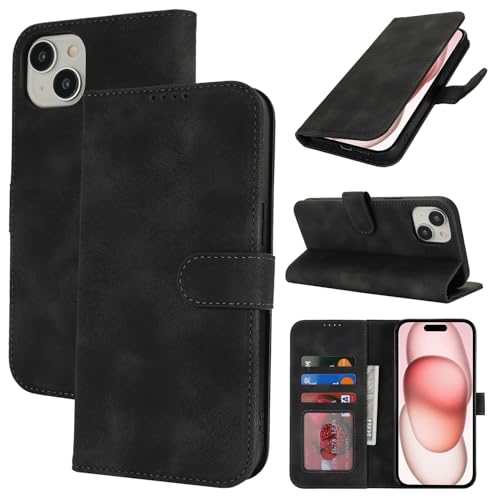 Zouzt Hülle für iPhone 15 6,1-Zoll, Stoßfestes PU Leder Handyhülle Lederhülle Klapphülle mit Kartenhalter und Standfunktion Flip Leather Wallet Phone Cover (Vintage Schwarz) von Zouzt