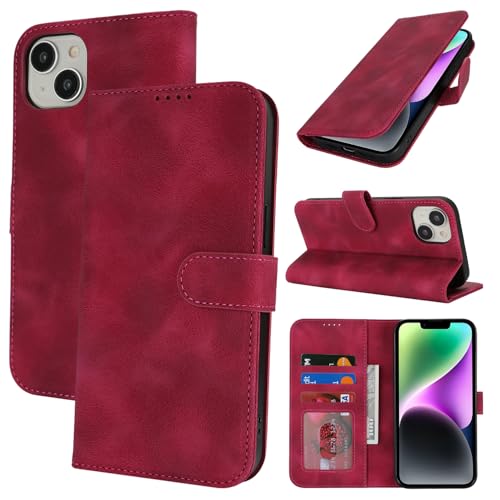 Zouzt Hülle für iPhone 15 Plus / 14 Plus 6,7-Zoll, Stoßfestes PU Leder Handyhülle Lederhülle Klapphülle mit Kartenhalter und Standfunktion Flip Leather Wallet Phone Cover (Vintage Grape Red) von Zouzt