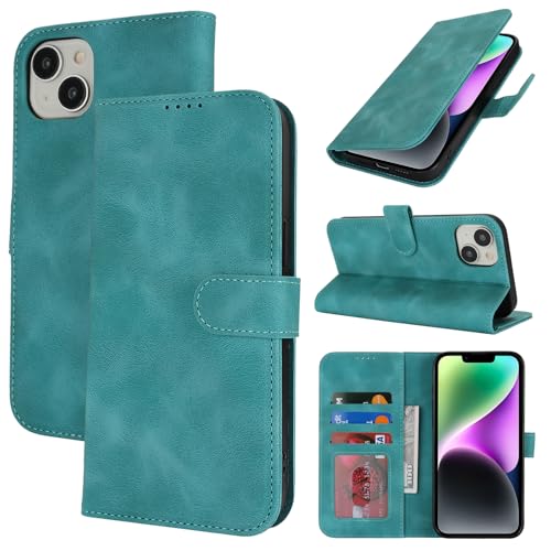 Zouzt Hülle für iPhone 15 Plus / 14 Plus 6,7-Zoll, Stoßfestes PU Leder Handyhülle Lederhülle Klapphülle mit Kartenhalter und Standfunktion Flip Leather Wallet Phone Cover (Vintage Mintgrün) von Zouzt