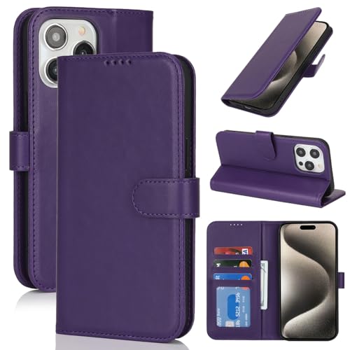 Zouzt Hülle für iPhone 15 Pro 6,1-Zoll, Stoßfestes PU Leder Handyhülle Lederhülle Klapphülle mit Kartenhalter und Standfunktion Flip Leather Wallet Phone Cover (Dunkelviolett) von Zouzt