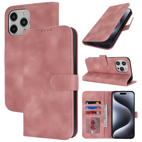 Zouzt Hülle für iPhone 15 Pro 6,1-Zoll, Stoßfestes PU Leder Handyhülle Lederhülle Klapphülle mit Kartenhalter und Standfunktion Flip Leather Wallet Phone Cover (Vintage Rose Pink) von Zouzt