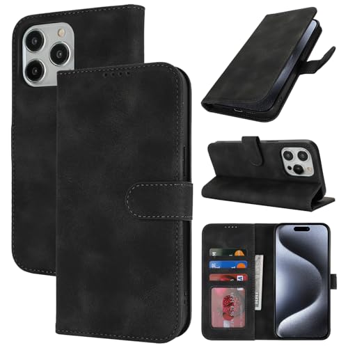 Zouzt Hülle für iPhone 15 Pro 6,1-Zoll, Stoßfestes PU Leder Handyhülle Lederhülle Klapphülle mit Kartenhalter und Standfunktion Flip Leather Wallet Phone Cover (Vintage Schwarz) von Zouzt