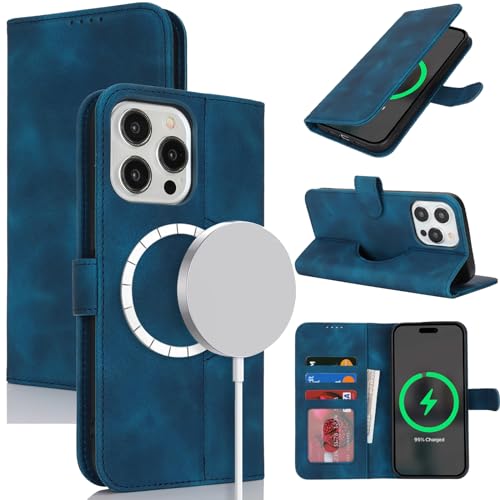 Zouzt Hülle für iPhone 15 Pro 6,1-Zoll für MagSafe, Stoßfestes PU Leder Magnetisch Handyhülle Lederhülle Klapphülle mit Kartenhalter Standfunktion Flip Leather Wallet Phone Cover (Vintage Blau) von Zouzt