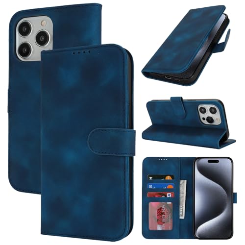 Zouzt Hülle für iPhone 15 Pro Max 6,7-Zoll, Stoßfestes PU Leder Handyhülle Lederhülle Klapphülle mit Kartenhalter und Standfunktion Flip Leather Wallet Phone Cover (Vintage Blau) von Zouzt