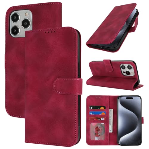 Zouzt Hülle für iPhone 15 Pro Max 6,7-Zoll, Stoßfestes PU Leder Handyhülle Lederhülle Klapphülle mit Kartenhalter und Standfunktion Flip Leather Wallet Phone Cover (Vintage Grape Red) von Zouzt