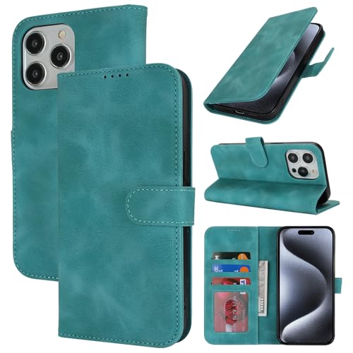 Zouzt Hülle für iPhone 15 Pro Max 6,7-Zoll, Stoßfestes PU Leder Handyhülle Lederhülle Klapphülle mit Kartenhalter und Standfunktion Flip Leather Wallet Phone Cover (Vintage Mintgrün) von Zouzt