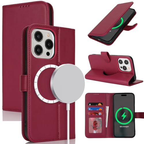Zouzt Hülle für iPhone 15 Pro Max 6,7-Zoll für MagSafe, PU Leder Magnetisch Handyhülle Lederhülle Klapphülle mit Kartenhalter Standfunktion Flip Leather Wallet Phone Cover (Rot) von Zouzt