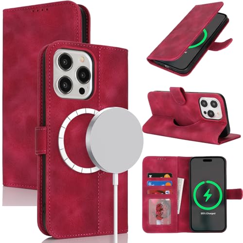 Zouzt Hülle für iPhone 15 Pro Max 6,7-Zoll für MagSafe, PU Leder Magnetisch Handyhülle Lederhülle Klapphülle mit Kartenhalter Standfunktion Flip Leather Wallet Phone Cover (Vintage Rot) von Zouzt