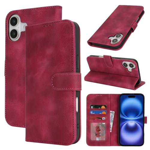Zouzt Hülle für iPhone 16 6,1-Zoll, Stoßfestes PU Leder Handyhülle Klapphülle mit Kartenhalter und Standfunktion [Kartenfach] [Magnetverschluss] Flip Leather Wallet Cover (Vintage Grape Red) von Zouzt