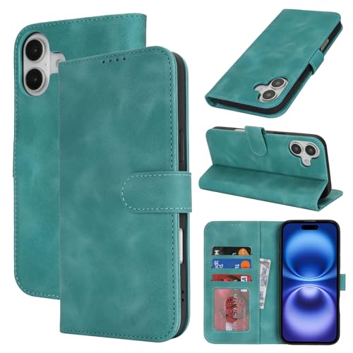 Zouzt Hülle für iPhone 16 6,1-Zoll, Stoßfestes PU Leder Handyhülle Klapphülle mit Kartenhalter und Standfunktion [Kartenfach] [Magnetverschluss] Flip Leather Wallet Cover (Vintage Mintgrün) von Zouzt