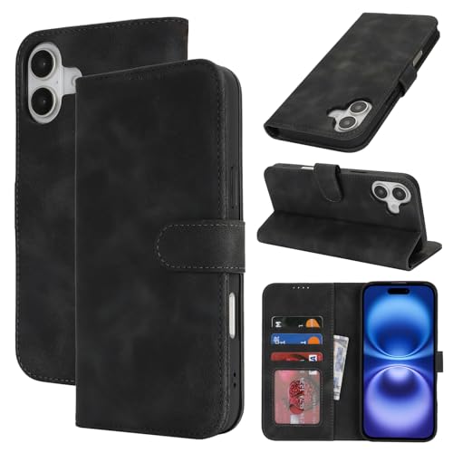 Zouzt Hülle für iPhone 16 6,1-Zoll, Stoßfestes PU Leder Handyhülle Klapphülle mit Kartenhalter und Standfunktion [Kartenfach] [Magnetverschluss] Flip Leather Wallet Cover (Vintage Schwarz) von Zouzt