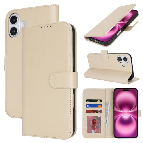 Zouzt Hülle für iPhone 16 Plus 6,7-Zoll, Stoßfestes PU Leder Handyhülle Klapphülle mit Kartenhalter und Standfunktion [Kartenfach] [Magnetverschluss] Flip Leather Wallet Cover (Beige) von Zouzt
