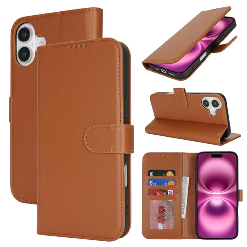 Zouzt Hülle für iPhone 16 Plus 6,7-Zoll, Stoßfestes PU Leder Handyhülle Klapphülle mit Kartenhalter und Standfunktion [Kartenfach] [Magnetverschluss] Flip Leather Wallet Cover (Hellbraun) von Zouzt