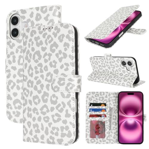 Zouzt Hülle für iPhone 16 Plus 6,7-Zoll, Stoßfestes PU Leder Handyhülle Klapphülle mit Kartenhalter und Standfunktion [Kartenfach] [Magnetverschluss] Flip Leather Wallet Cover (Weiß Leopard) von Zouzt