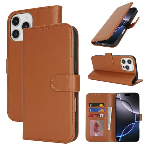 Zouzt Hülle für iPhone 16 Pro 6,3-Zoll, Stoßfestes PU Leder Handyhülle Klapphülle mit Kartenhalter und Standfunktion [Kartenfach] [Magnetverschluss] Flip Leather Wallet Cover (Hellbraun) von Zouzt