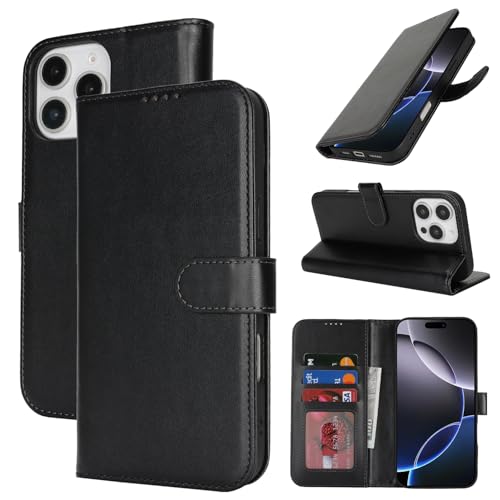 Zouzt Hülle für iPhone 16 Pro 6,3-Zoll, Stoßfestes PU Leder Handyhülle Klapphülle mit Kartenhalter und Standfunktion [Kartenfach] [Magnetverschluss] Flip Leather Wallet Cover (Schwarz) von Zouzt
