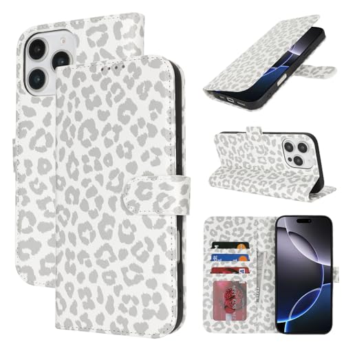 Zouzt Hülle für iPhone 16 Pro 6,3-Zoll, Stoßfestes PU Leder Handyhülle Klapphülle mit Kartenhalter und Standfunktion [Kartenfach] [Magnetverschluss] Flip Leather Wallet Cover (Weiß Leopard) von Zouzt