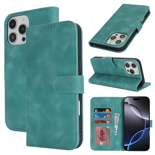 Zouzt Hülle für iPhone 16 Pro Max 6,9-Zoll, Stoßfestes PU Leder Handyhülle Klapphülle mit Kartenhalter und Standfunktion [Kartenfach] [Magnetverschluss] Flip Leather Wallet Cover (Vintage Mintgrün) von Zouzt