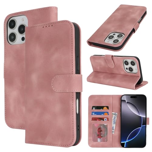 Zouzt Hülle für iPhone 16 Pro Max 6,9-Zoll, Stoßfestes PU Leder Handyhülle Klapphülle mit Kartenhalter und Standfunktion [Kartenfach] [Magnetverschluss] Flip Leather Wallet Cover (Vintage Rose Pink) von Zouzt