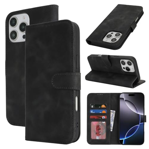 Zouzt Hülle für iPhone 16 Pro Max 6,9-Zoll, Stoßfestes PU Leder Handyhülle Klapphülle mit Kartenhalter und Standfunktion [Kartenfach] [Magnetverschluss] Flip Leather Wallet Cover (Vintage Schwarz) von Zouzt