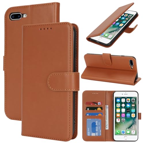 Zouzt Hülle für iPhone 8 Plus / 7 Plus 5,5-Zoll, Stoßfestes PU Leder Handyhülle Lederhülle Klapphülle mit Kartenhalter und Standfunktion Flip Leather Wallet Phone Cover (Hellbraun) von Zouzt