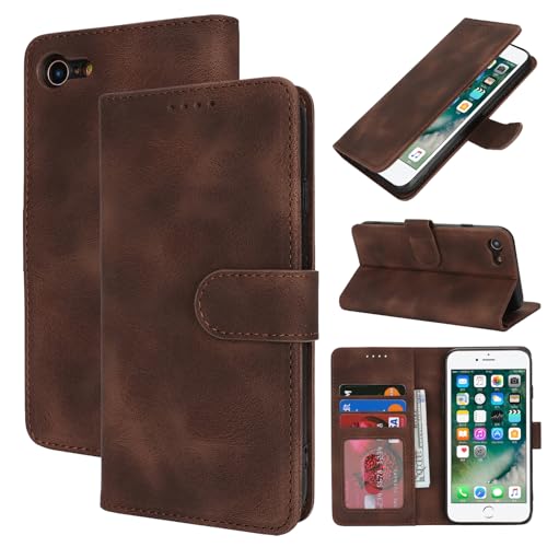 Zouzt Hülle für iPhone SE 2022/2020, 8/7 4,7-Zoll, Stoßfestes PU Leder Handyhülle Lederhülle Klapphülle mit Kartenhalter und Standfunktion Flip Leather Wallet Phone Cover (Vintage Dunkelbraun) von Zouzt
