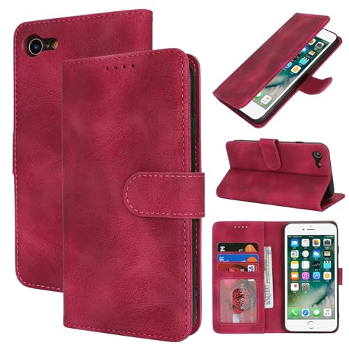 Zouzt Hülle für iPhone SE 2022/2020, 8/7 4,7-Zoll, Stoßfestes PU Leder Handyhülle Lederhülle Klapphülle mit Kartenhalter und Standfunktion Flip Leather Wallet Phone Cover (Vintage Grape Red) von Zouzt