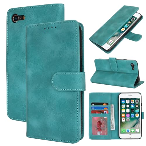 Zouzt Hülle für iPhone SE 2022/2020, 8/7 4,7-Zoll, Stoßfestes PU Leder Handyhülle Lederhülle Klapphülle mit Kartenhalter und Standfunktion Flip Leather Wallet Phone Cover (Vintage Mintgrün) von Zouzt