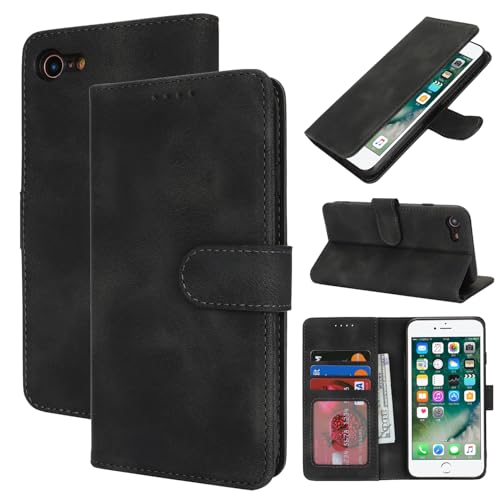Zouzt Hülle für iPhone SE 2022/2020, 8/7 4,7-Zoll, Stoßfestes PU Leder Handyhülle Lederhülle Klapphülle mit Kartenhalter und Standfunktion Flip Leather Wallet Phone Cover (Vintage Schwarz) von Zouzt