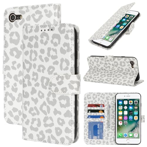 Zouzt Hülle für iPhone SE 2022/2020, 8/7 4,7-Zoll, Stoßfestes PU Leder Handyhülle Lederhülle Klapphülle mit Kartenhalter und Standfunktion Flip Leather Wallet Phone Cover (Weiß Leopard) von Zouzt