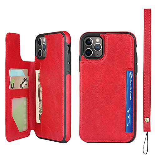 Zouzt Kompatibel mit iPhone 11 Pro Wallet Case mit Kartenhalter Handschlaufe Premium PU Ledertasche Kickstand, Magnetische stoßfeste Telefonrückseite mit Lanyard Für iPhone 11 Pro Rot von Zouzt