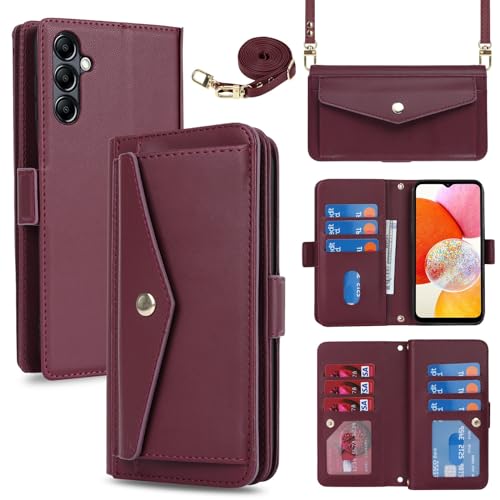 Zouzt Schutzhülle für Samsung Galaxy A14, Brieftaschen-Schutzhülle mit Kartenhalter, Samsung A14, mit Umhängeband, A14, Geldbörsen-Stil, mit verstellbarem Umhängeband, stoßfest, Rot von Zouzt