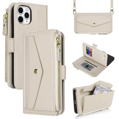 Zouzt für iPhone 11 Pro Max Hülle mit Band [Kette] [Kartenfach] [Reißverschluss ] [Klapphüllen] [Stand] [Wallet Case], Stoßfest Schutzhülle PU Leder Handyhülle für iPhone 11 Pro Max 6,5", Weiß von Zouzt