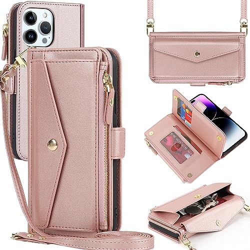 Zouzt für iPhone 14 Pro Max Hülle mit Band [Kette] [Kartenfach] [Reißverschluss ] [Klapphüllen] [Stand] [Wallet Case], Stoßfest Schutzhülle PU Leder Handyhülle für iPhone 14 Pro Max 6,7", Roségold von Zouzt