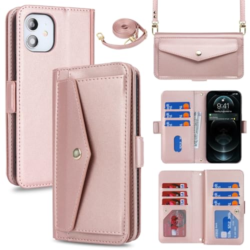 Zouzt iPhone 12 Wallet Case with Credit Card Holder Slot 12 Pro Crossbody Bag Purse Style Premium PU Leather Flip Folio Book Stand Protective Cover Women Men for iPhone 12/12 Pro 6.1 Inch (Pink) von Zouzt