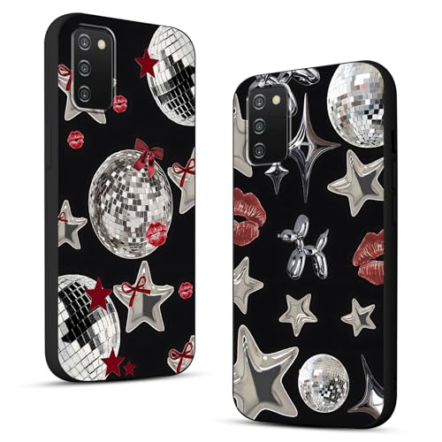 Y3K coole Y2K-Handyhülle für Samsung Galaxy A03s 4G 16,5 cm (6,5 Zoll), niedliche Sterne, Kawaii-Schleife, Lippen, Druck, Discokugel, rotes Bandmuster, schwarz, schlanker Schutz, Funda für Damen und von Zrutru