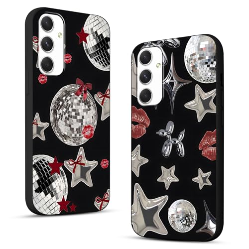Y3K coole Y2K-Handyhülle für Samsung Galaxy A54 5G 16,8 cm (6,6 Zoll), niedliche Sterne, Kawaii-Schleife, Lippen, Druck, Discokugel, rotes Bandmuster, schwarz, schlanker Schutz, Funda für Damen und von Zrutru