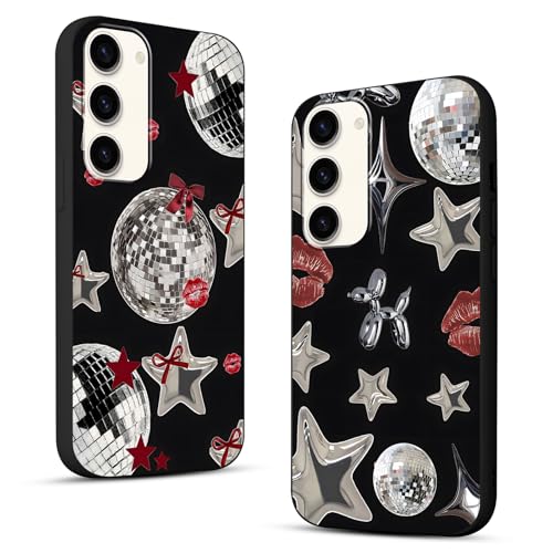 Y3K coole Y2K-Handyhülle für Samsung Galaxy S23 5G 15,5 cm (6,1 Zoll), niedliche Sterne, Kawaii-Schleife, Lippen, Druck, Discokugel, rotes Bandmuster, schwarz, schlanker Schutz, Funda für Damen und von Zrutru