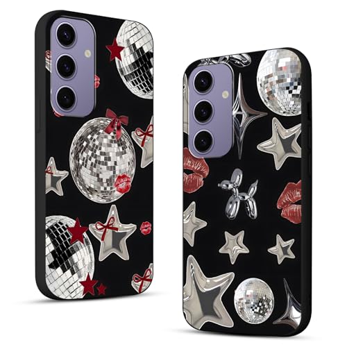 Y3K coole Y2K-Handyhülle für Samsung Galaxy S24 5G 15,7 cm (6,2 Zoll), niedliche Sterne, Kawaii-Schleife, Lippen, Druck, Discokugel, rotes Bandmuster, schwarz, schlanker Schutz, Funda für Damen und von Zrutru