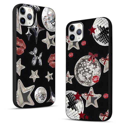 Y3K coole Y2K-Handyhülle für iPhone 16 Pro Max 17,5 cm (6,9 Zoll), niedliche Sterne, Kawaii-Schleife, Lippen, Druck, Discokugel, rotes Bandmuster, schwarz, schlanker Schutz, Funda für Damen und von Zrutru