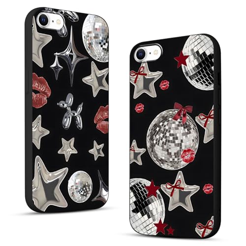 Y3K coole Y2K-Handyhülle für iPhone SE 2022/SE 2020/8/7 11,9 cm (4,7 Zoll), Y3K Niedliche Sterne, Kawaii-Schleife, Lippen, Druck, Discokugel, rotes Bandmuster, schwarz, schlanker Schutz, Funda für von Zrutru