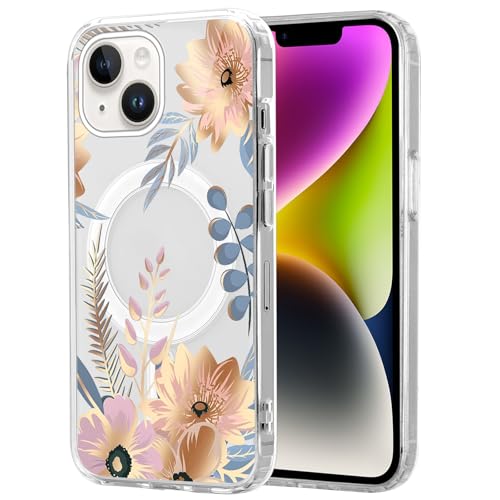 Zrutru Magnetische Hülle für iPhone 14 Hülle Floral [Kompatibel mit MagSafe] Niedlich Luxus Blumenmuster Druck Design Schutzhülle Handyhülle Elegante Blumen Cover für Mädchen Frauen Blüte von Zrutru