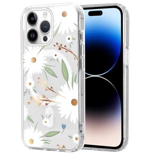 Zrutru Magnetische Hülle für iPhone 14 Pro Max Hülle Floral [Kompatibel mit MagSafe] Niedlich Luxus Blumenmuster Druck Design Schutzhülle Elegante Blumen Cover für Mädchen Frauen Weiß Gänseblümchen von Zrutru