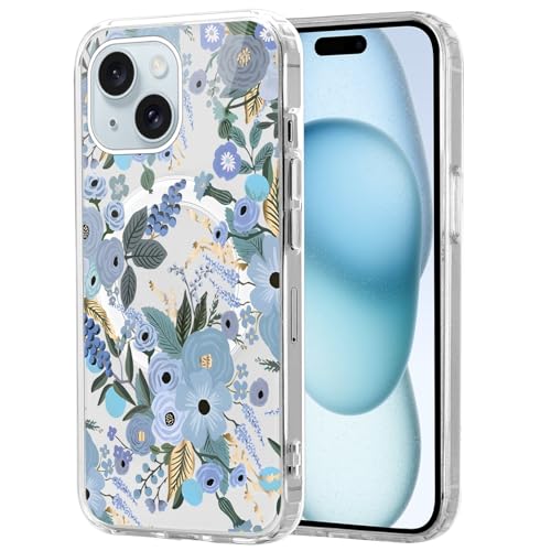 Zrutru Magnetische Hülle für iPhone 15 Hülle Floral [Kompatibel mit MagSafe] Niedlich Luxus Blumenmuster Druck Design Schutzhülle Handyhülle Elegante Blumen Cover für Mädchen Frauen Blau Blumen von Zrutru