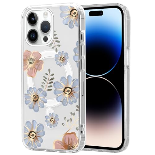 Zrutru Magnetische Hülle für iPhone 16 Pro Max Hülle Floral [Kompatibel mit MagSafe] Niedlich Luxus Blumenmuster Druck Design Schutzhülle Elegante Blumen Cover für Mädchen Frauen Blau Gänseblümchen von Zrutru